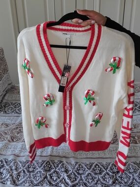 White and Red Candy Cane Cardigan Sweater
